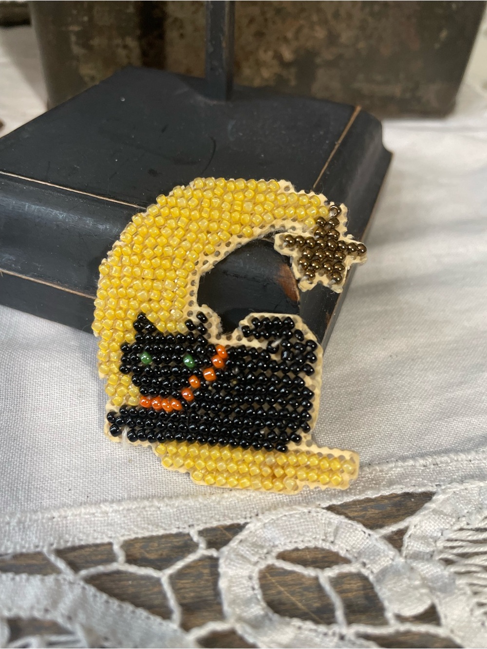 Celestial Kitty Cat & moon beaded brooch